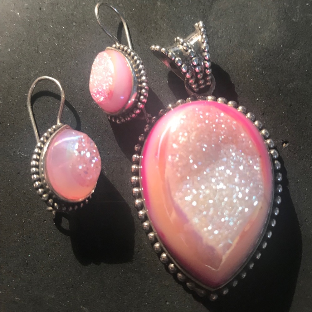 Rare Pink Druzy Stone Pendant & Earrings a Steal!